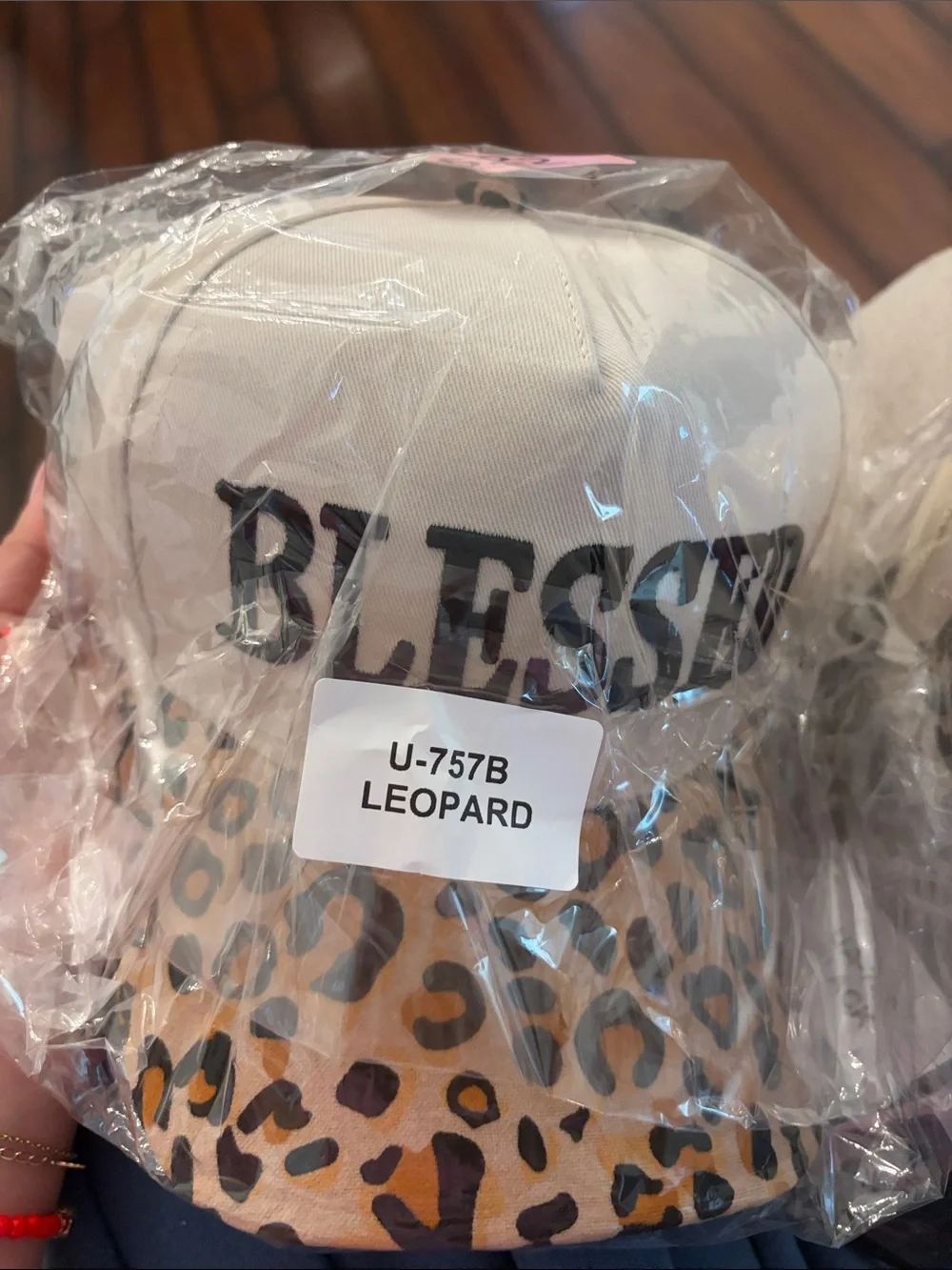 Beige BLESSED Baseball Cap with Leopard Brim - Women Accessories